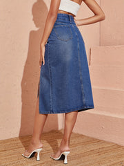 Double Button Washed Denim Skirt Side Split