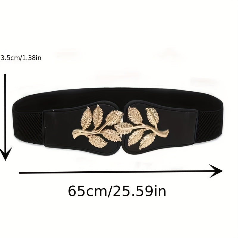 Golden Leaf Buckle Waist Belt Elastic Stretchy Large Buckle Accessory