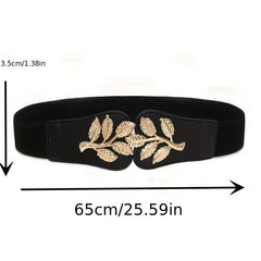 Golden Leaf Buckle Waist Belt Elastic Stretchy Large Buckle Accessory