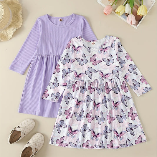 2pcs Girls Soft Rib Knit Long Sleeve Princess Dress