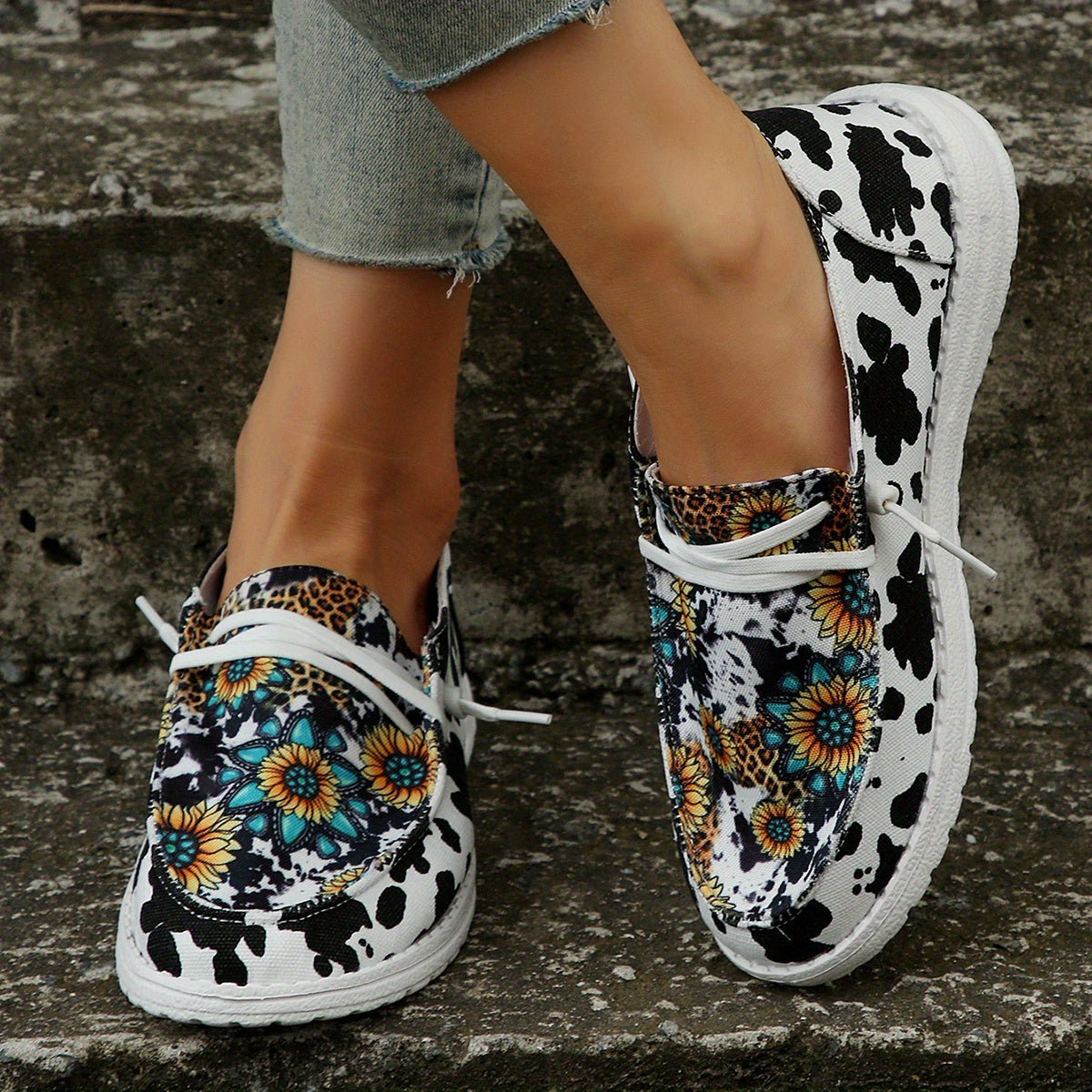 Women's Cow & Leopard Print Slip On Canvas Shoes Low Round Toe Casual & Light