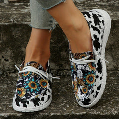 Women's Cow & Leopard Print Slip On Canvas Shoes Low Round Toe Casual & Light