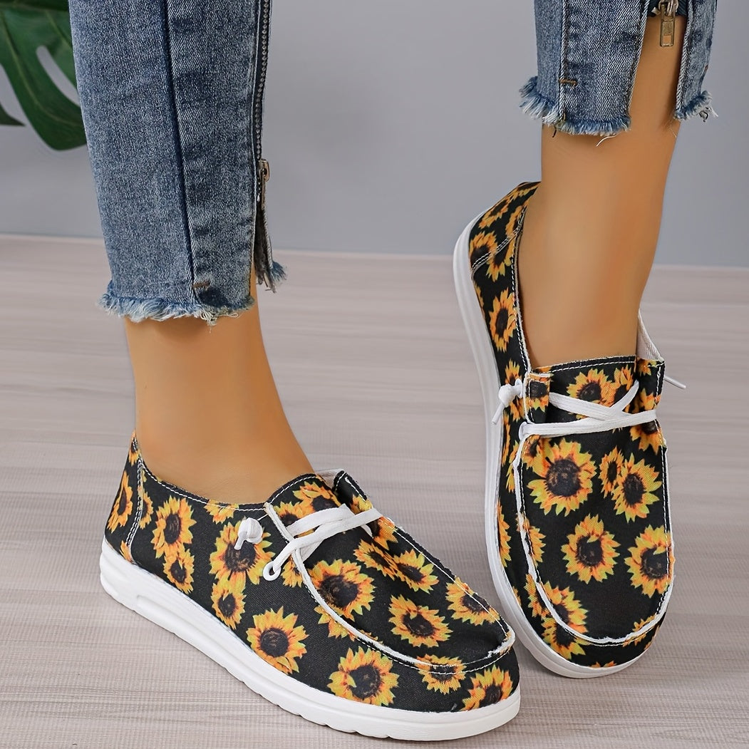 Women's Sunflower Print Canvas Shoes Casual Lace Up Lightweight Low Top Loafers