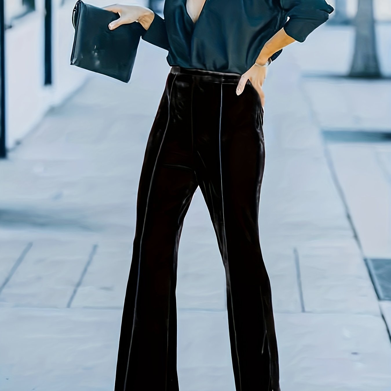  Solid Velvet High Rise Flared Leg Trousers
