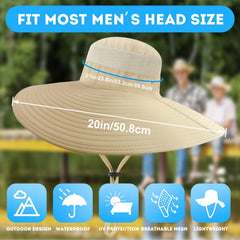 UPF50 Wide Brim Men's Sun Hat Waterproof Bucket Hat