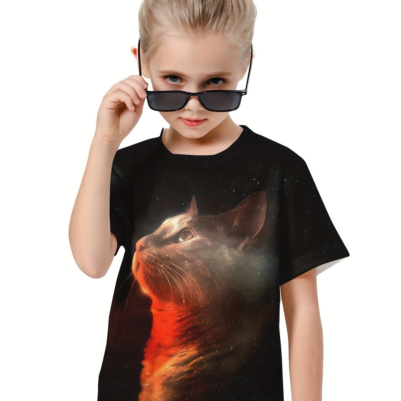 3D Cat Graphic Crew Neck Short Sleeve T shirt for Girls