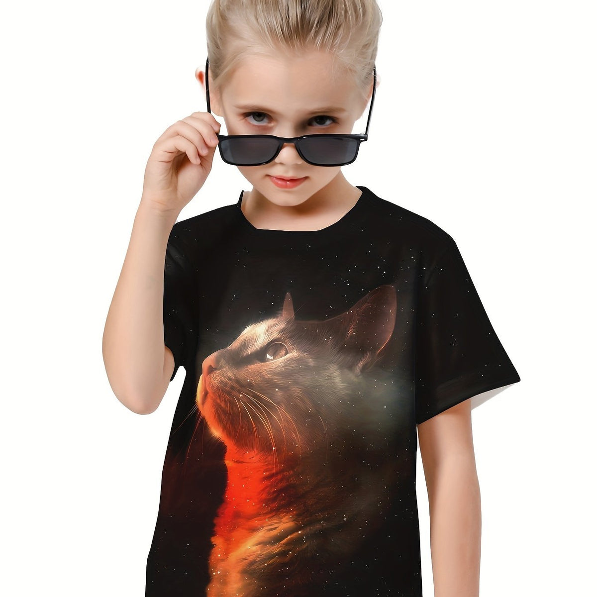 3D Cat Graphic Crew Neck Short Sleeve T shirt for Girls