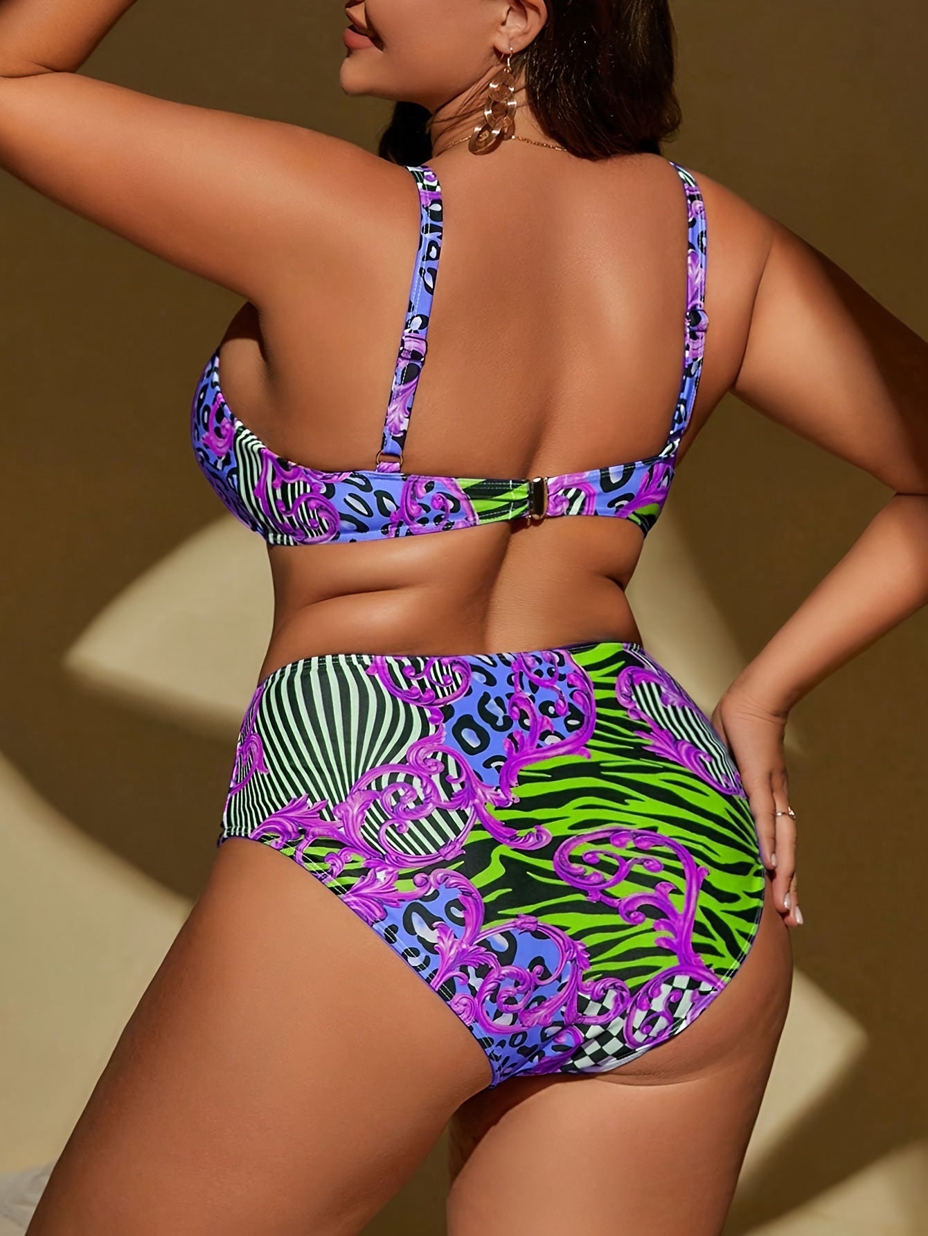  Leopard & Checkered Print V Neck Bikini Set