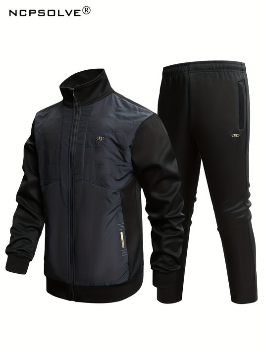 Men's Sports Suit with Stand Collar Zip Up Jacket & Stretch Waist Pants
