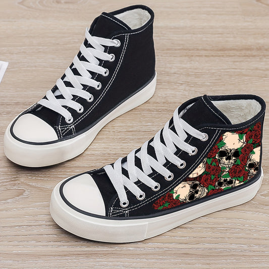 Skull & Rose Print Plush Lined Thermal Chunky Canvas Sneakers