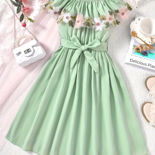 Girls Ruffle Trim Off Shoulder Floral Dress For Vacation
