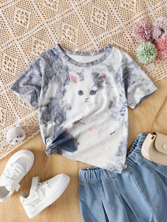 Cat 3D Print Girls T Shirt Lightweight Short Sleeve Tee for Summer