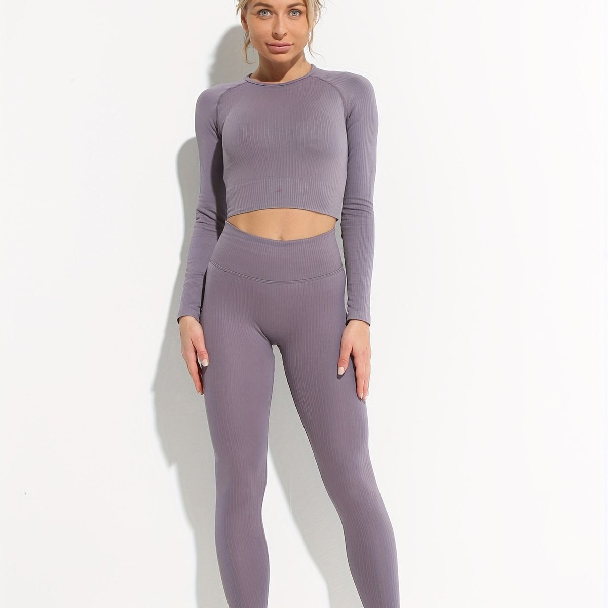 2pcs Long Sleeve Yoga Crop Top & High Waist Leggings Set