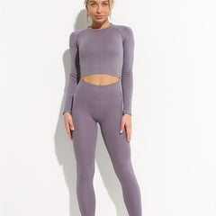 2pcs Long Sleeve Yoga Crop Top & High Waist Leggings Set