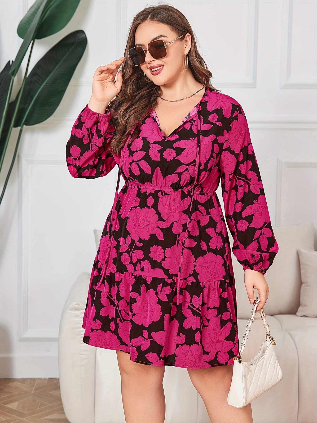  Women's Floral Print Lantern Sleeve Smock Dress