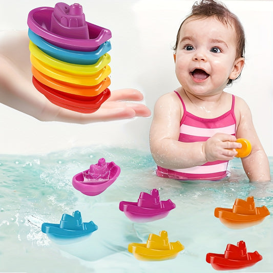 6pcs Kids' Bath Toys Rainbow Stacking Boat Uncharged