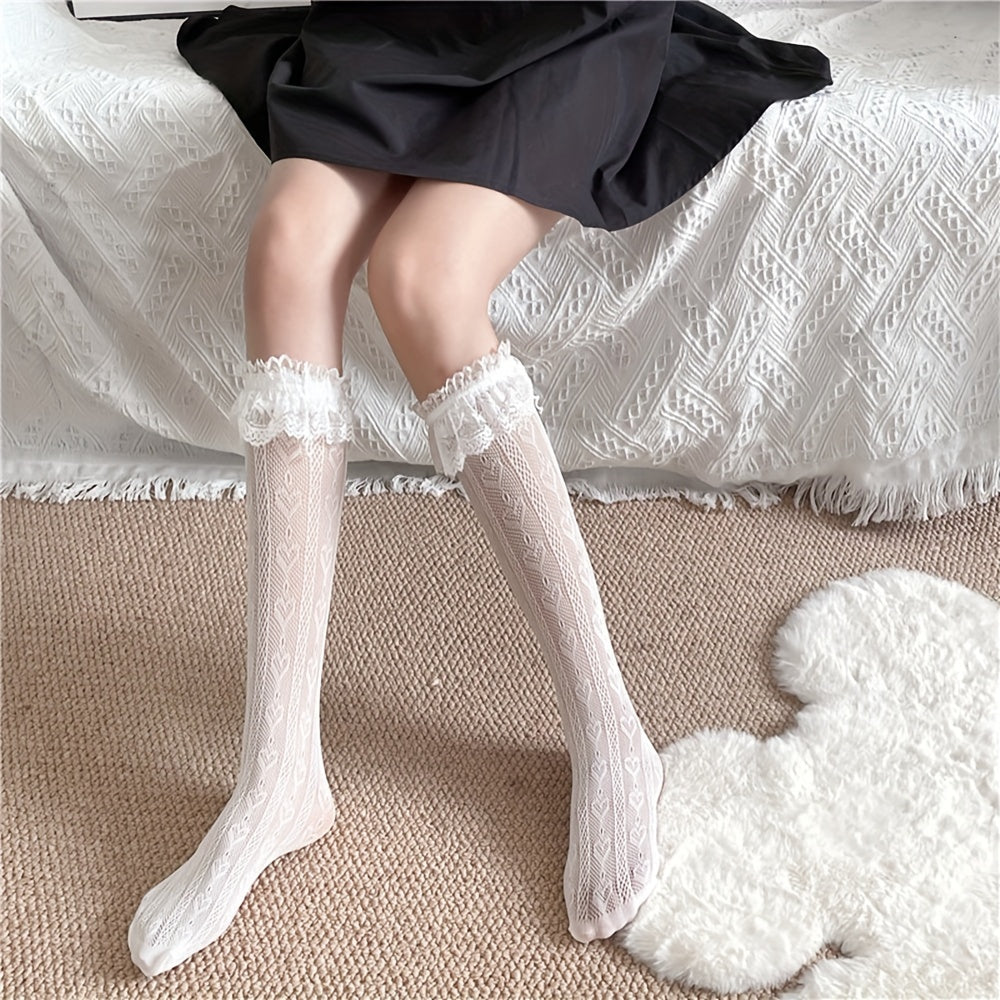 Heart Pattern Calf Socks Lace Trim Knee High Socks Women's Stockings