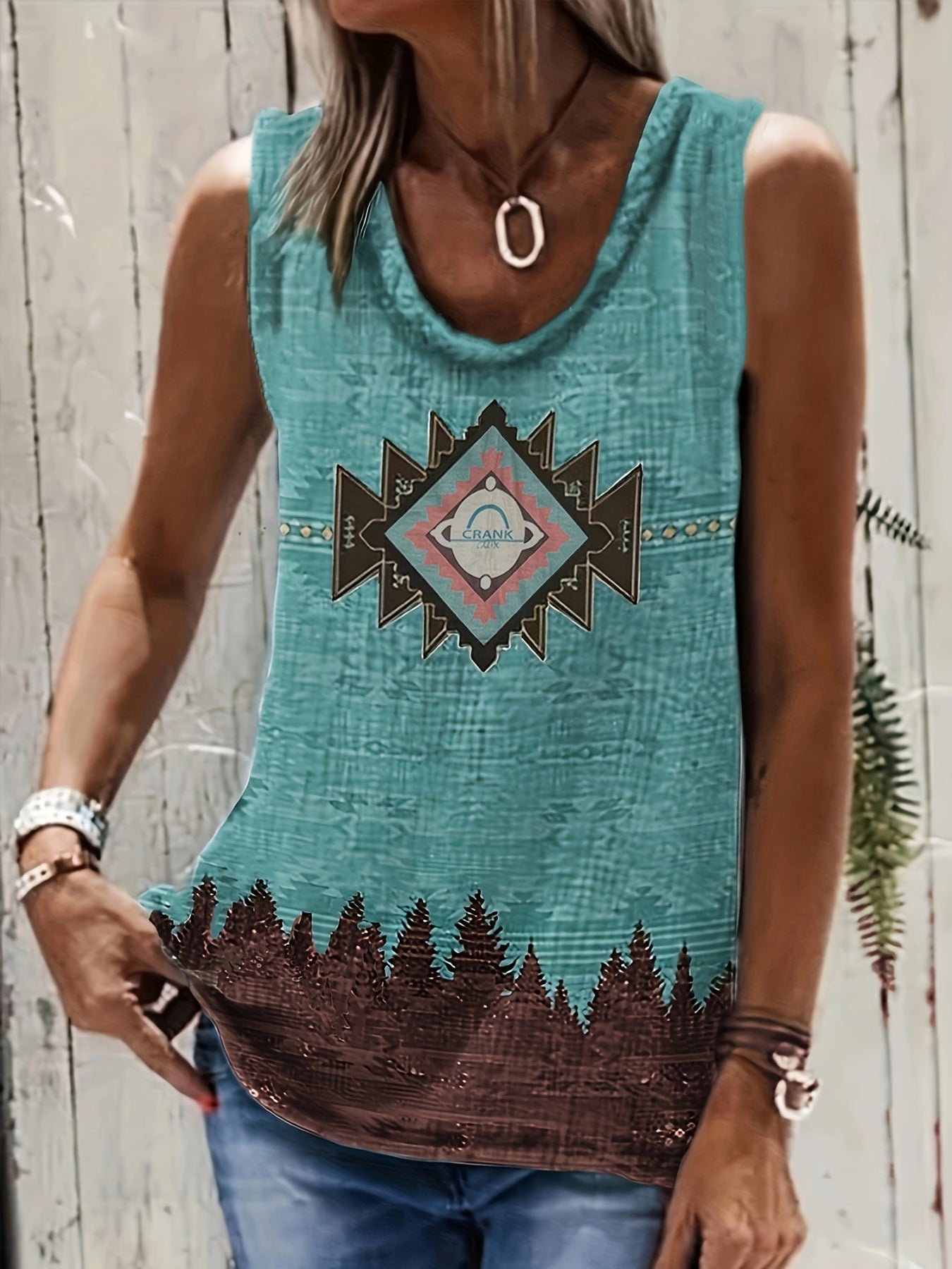 Geo Print Crew Neck Tank Top for Summer