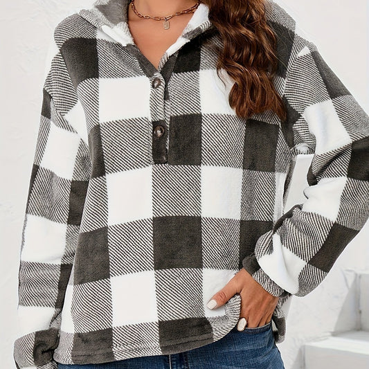 Plaid Button Front Hoodie Long Sleeve Sweatshirt