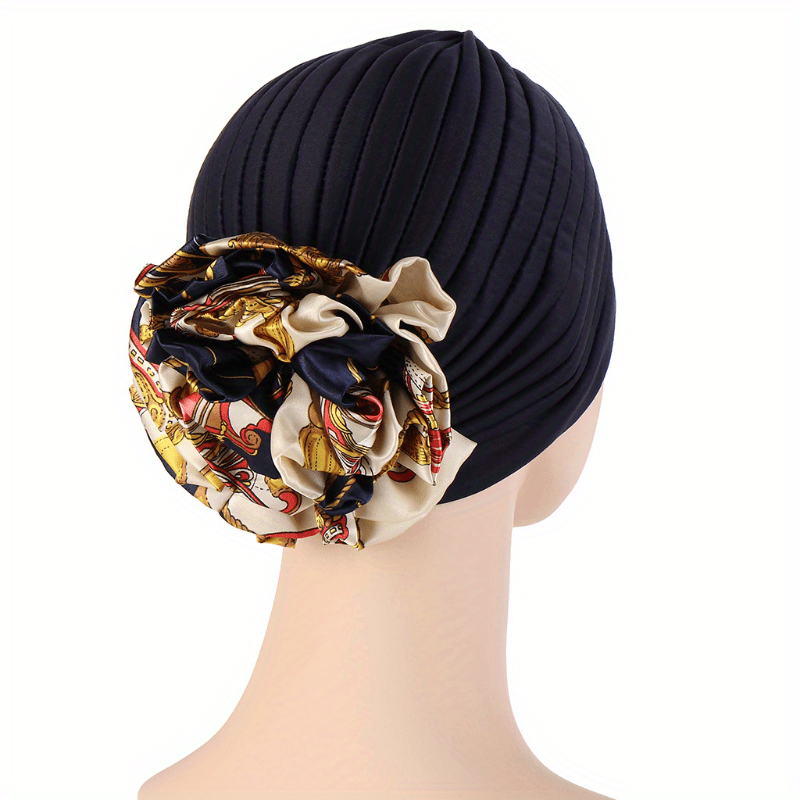 Pleated Turban Hat Ruffle Silk Flower Beanie Cap Head Wrap Bonnet Chemo Hats