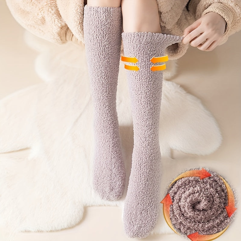 5 Pairs Solid Fuzzy Calf Socks Comfy & Warm Knee High Socks
