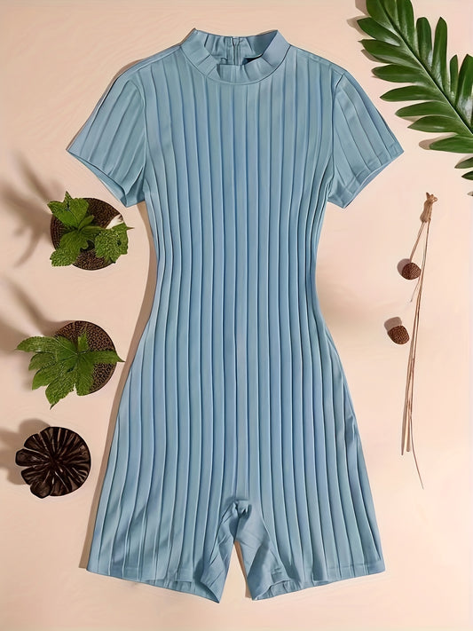 Ribbed Lounge Romper Short Sleeve Zipper Romper Women's Loungewear