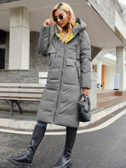 Solid Parka Zip Up Hooded Outerwear Women's Clothing