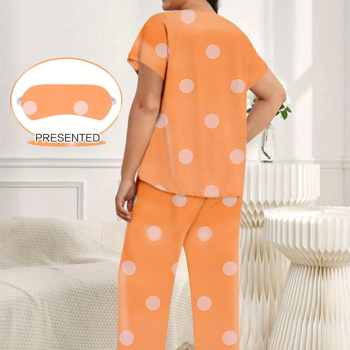  Polka Dot Satin Pajama Set with Eye Mask
