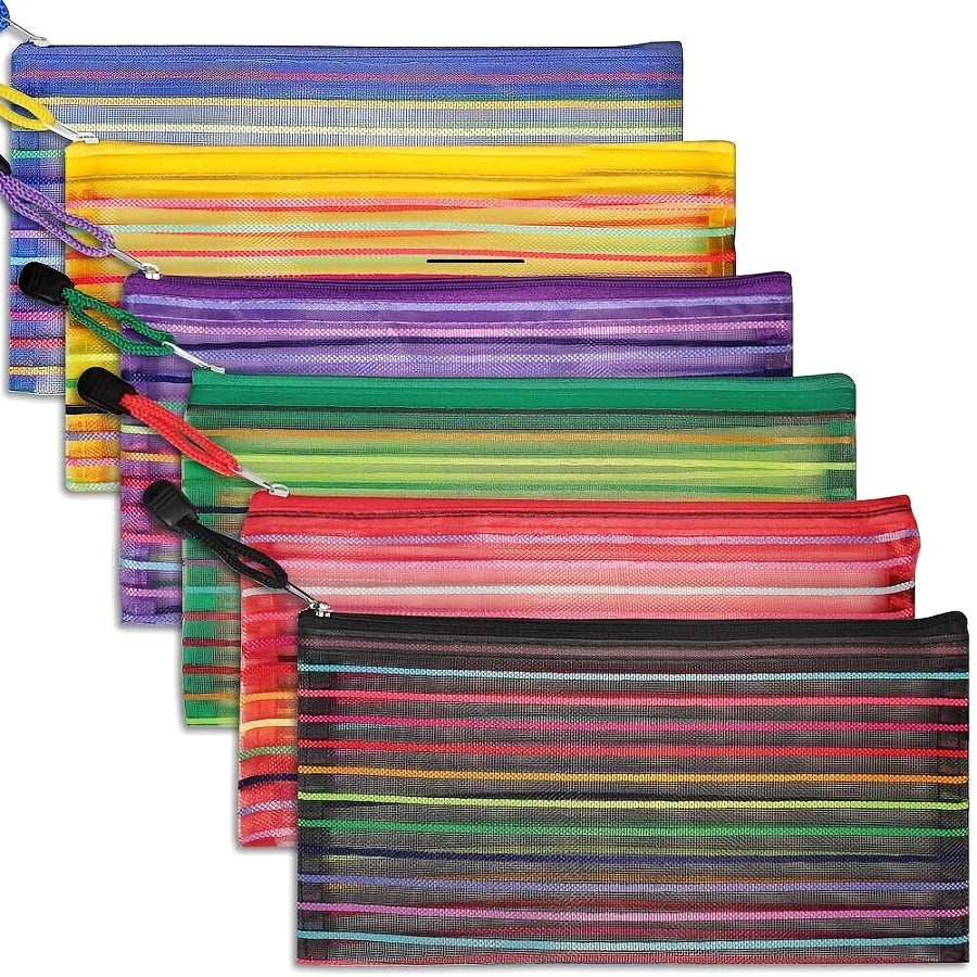 6pcs Plastic Pencil Case Zipper Mesh Bag Office Pen Cosmetic Makeup Bag