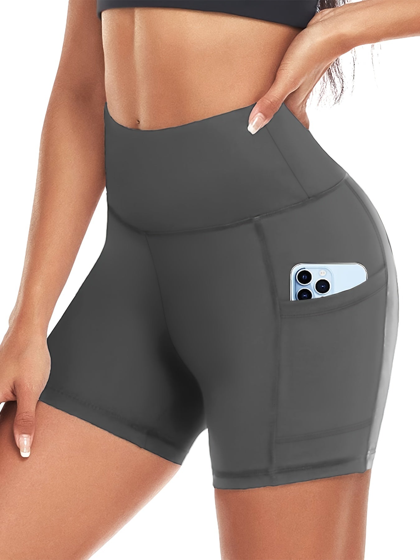 High Waist Biker Shorts With Side Pockets Tummy Control Spandex Yoga Shorts