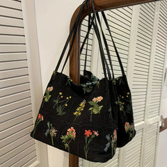 Floral Embroidery Shoulder Bag Canvas Bucket Bag Handbag