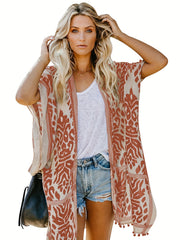 Graphic Print Pom Pom Trim Short Sleeve Cover Up