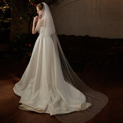 Beaded Bridal Veil with Long Train Double Layer Bowknot for Weddings
