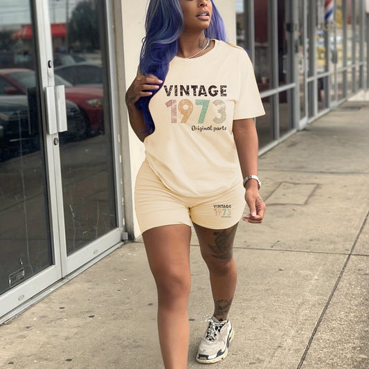 1973 Print Two-piece Set Crew Neck Tee & Slim Shorts Outfit Women's Clothing