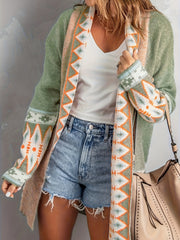  Colorblock Geo Print Open Front Cardigan