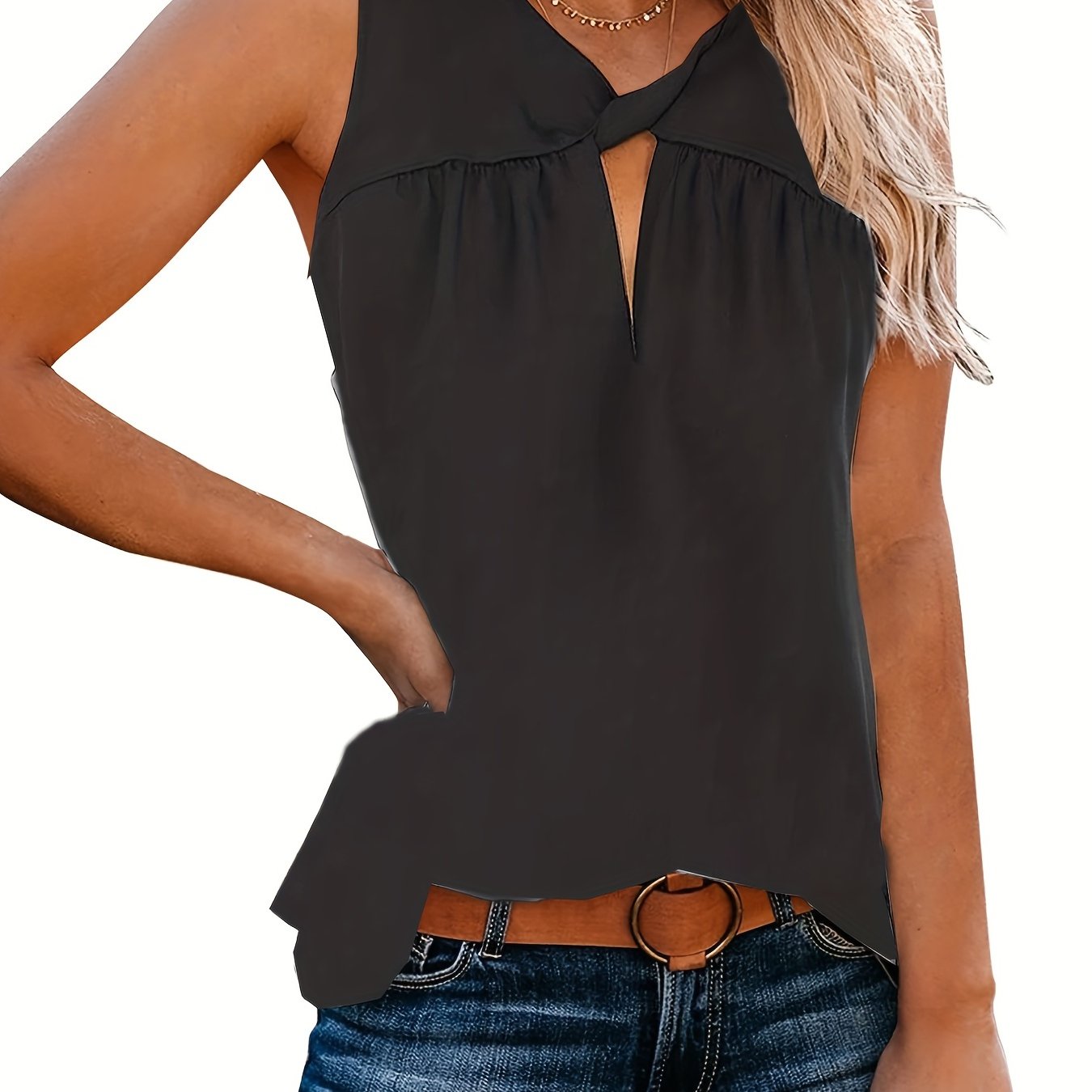 Twist Front Pleated Tank Top Sleeveless Summer Top