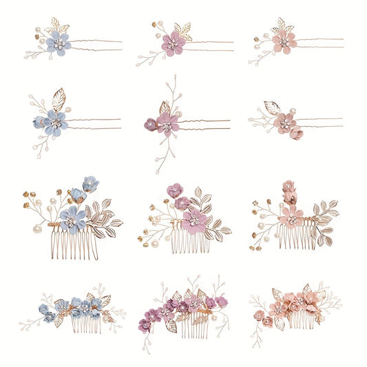 4pcs Flower Hairpin Faux Pearl Rhinestone U Shaped Hair Pin Hair Accessories