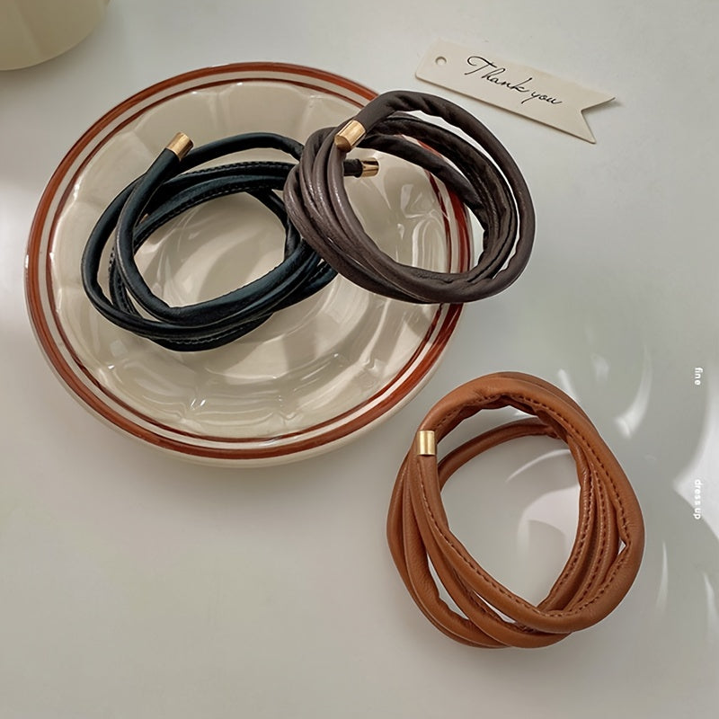 Long Leather Hair Elastics Ties Solid Stretchy Scrunchie Ponytail Holder