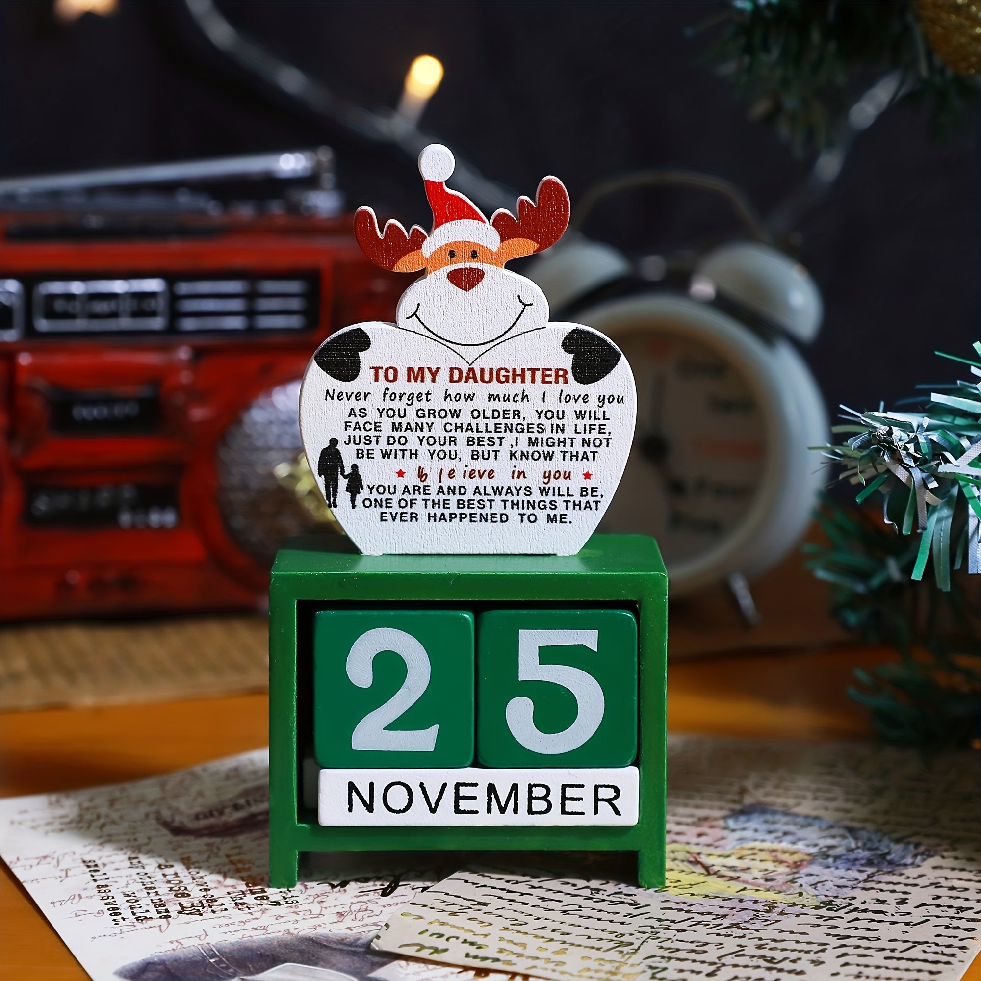Wooden Block Desktop Calendar Christmas Decor Engraved Santa Reindeer Snowman