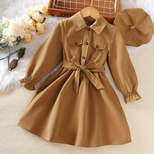 Girls' Casual Button Long Sleeve Tunic Shirt Dress With Hat Set