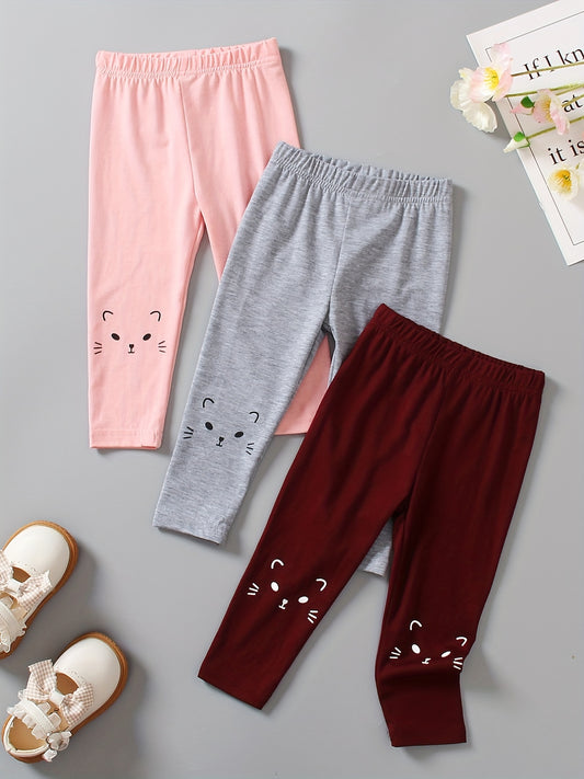 3pcs Girls Cat Print Leggings For Winter