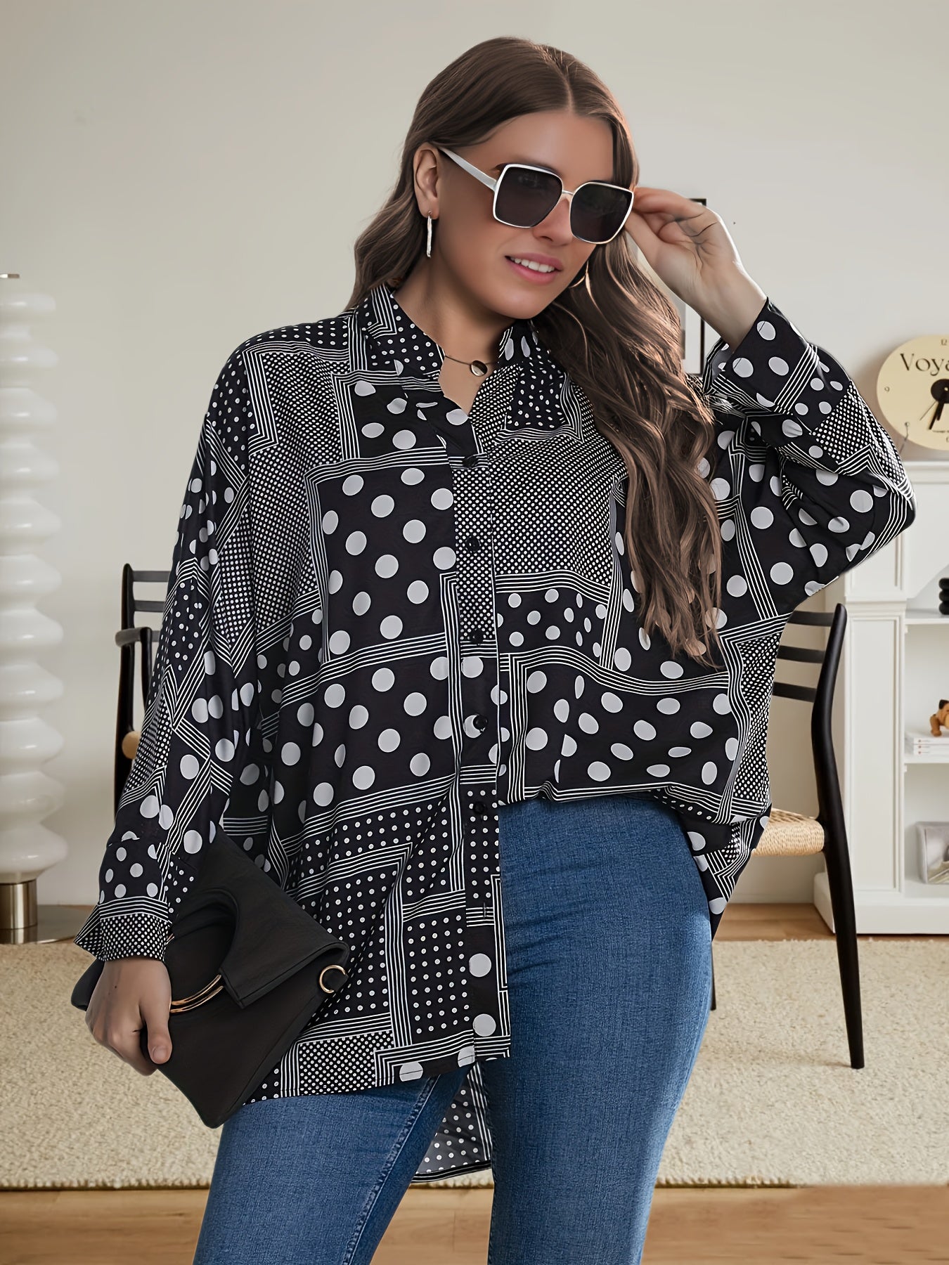  Casual Blouse Women's Plus Patchwork Print Long Sleeve Notched Neck