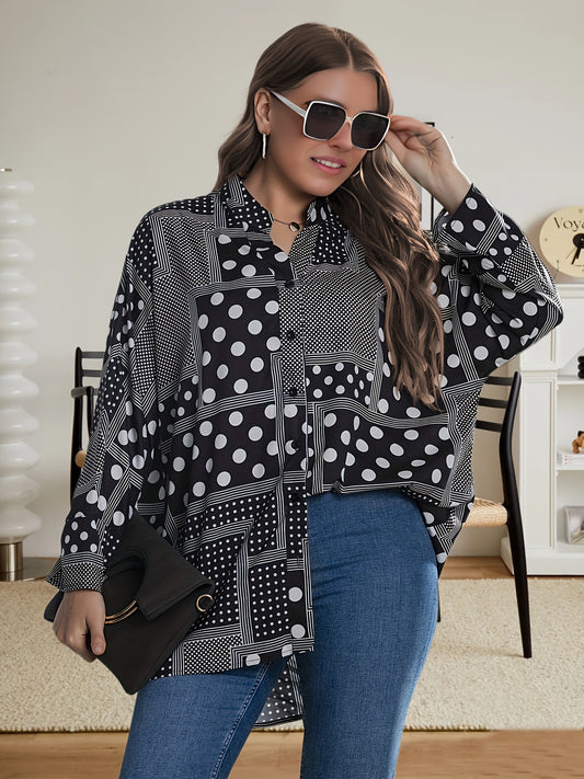  Casual Blouse Women's Plus Patchwork Print Long Sleeve Notched Neck