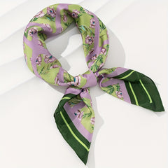 Eustoma Print Bandana Square Scarf Silky Geometric Block Purple Neck Wrap