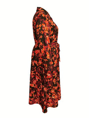  Floral Print Boho Shirt Dress with Belt