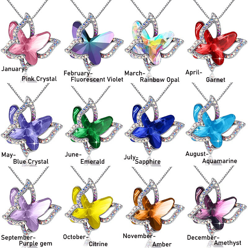 12-Month Birthstone Butterfly Pendant Necklace for Mother's Anniversary Birthday