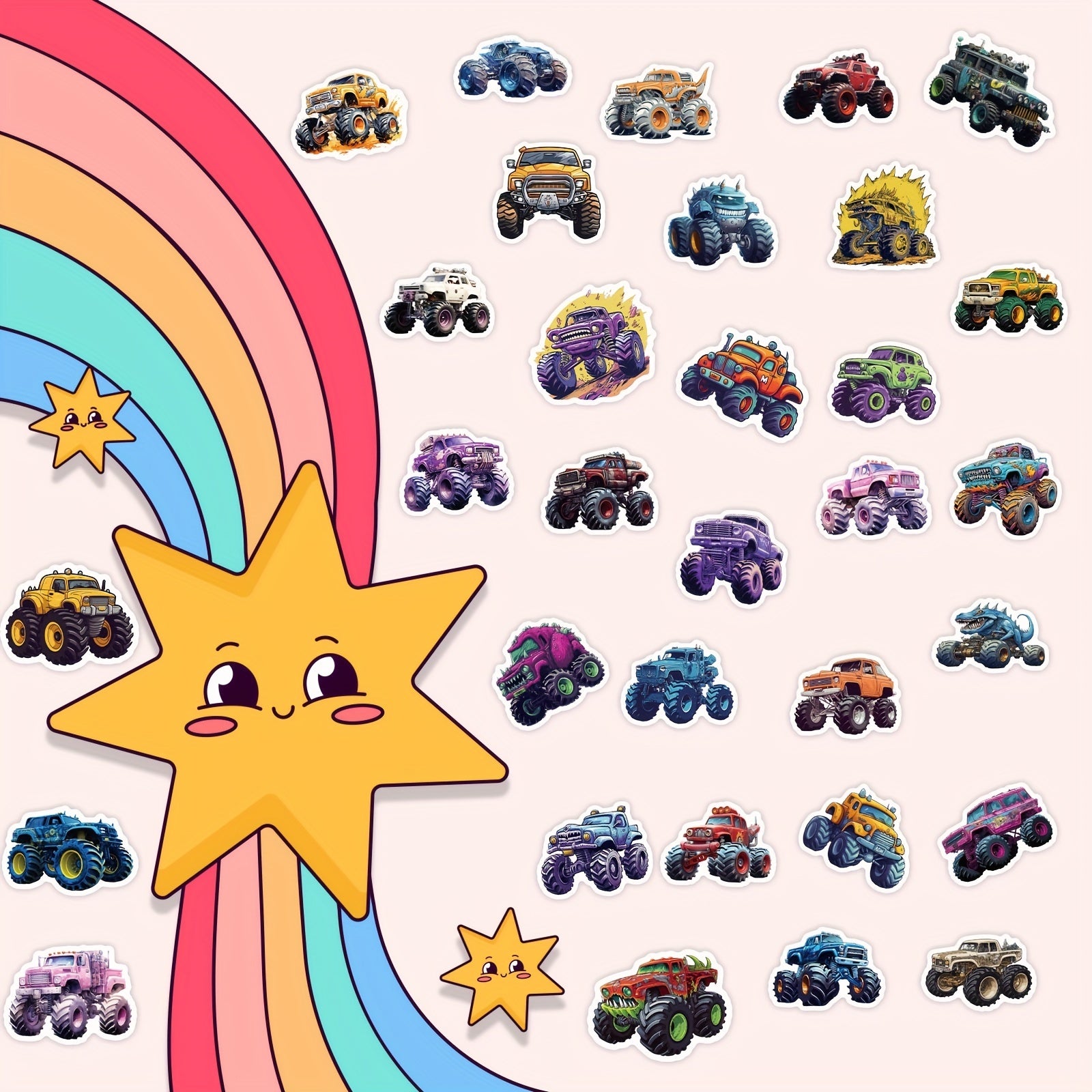 50pcs Monster Truck Stickers Waterproof for Water Bottles Skateboard Car Bike