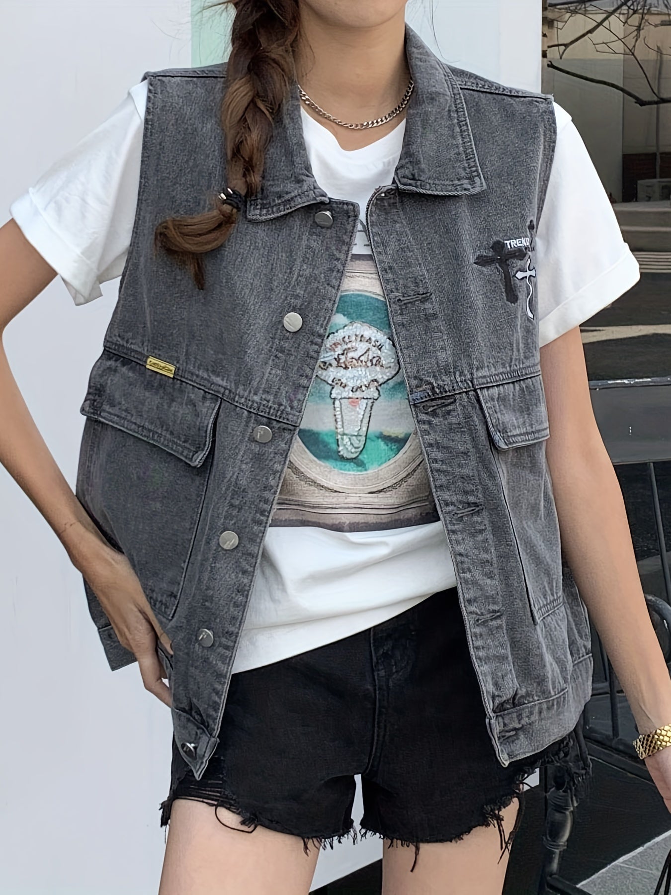  Denim Jacket Vest Women's Cross Print Lapel Collar