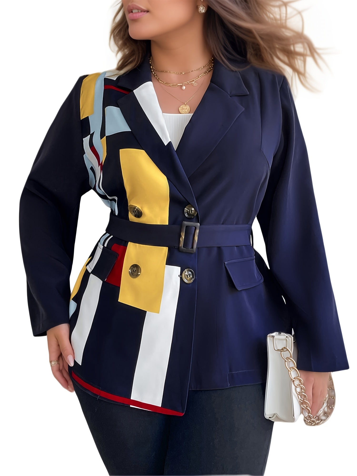  Colorblock Geometric Print Blazer With Belt