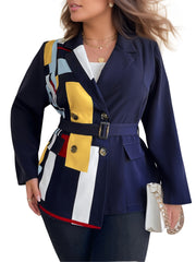  Colorblock Geometric Print Blazer With Belt